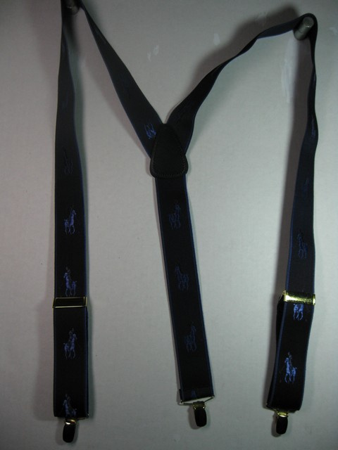 HORSE WITH RIDER WITH ROYAL BLUE AND BLACK ON NAVY BLUE BACKGROUND. "Y" STYLE 1 1/3" X 48" DELUXE SUSPENDERS.WITH GOLD GRIPS AND 2 LENGTH ADUSTERS YD-POL76B48#107g